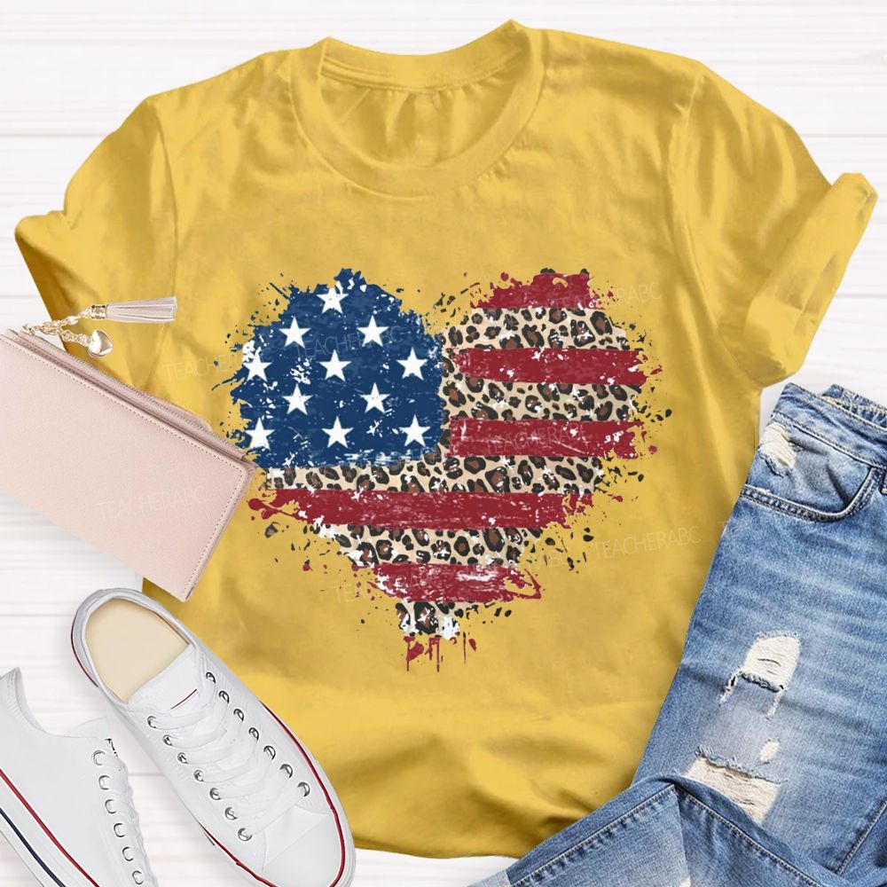 Us Flag Leopard Heart Teacher T-Shirt