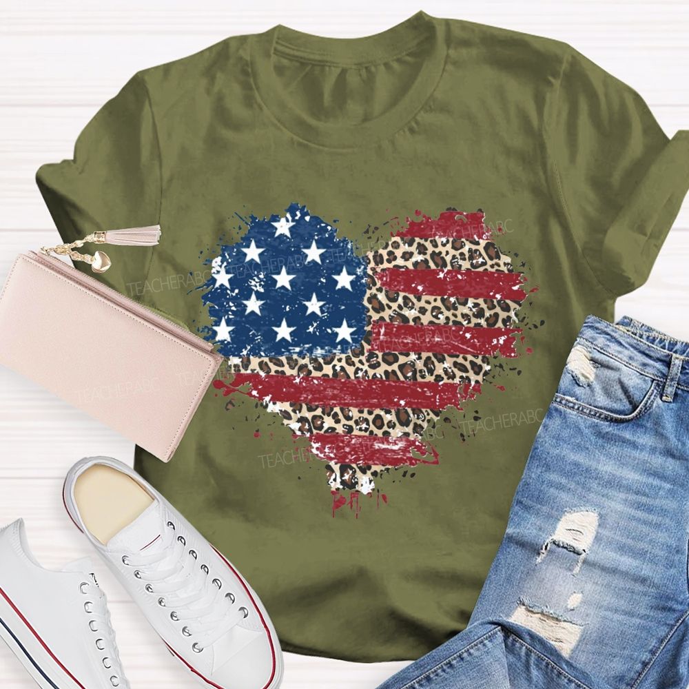Us Flag Leopard Heart Teacher T-Shirt