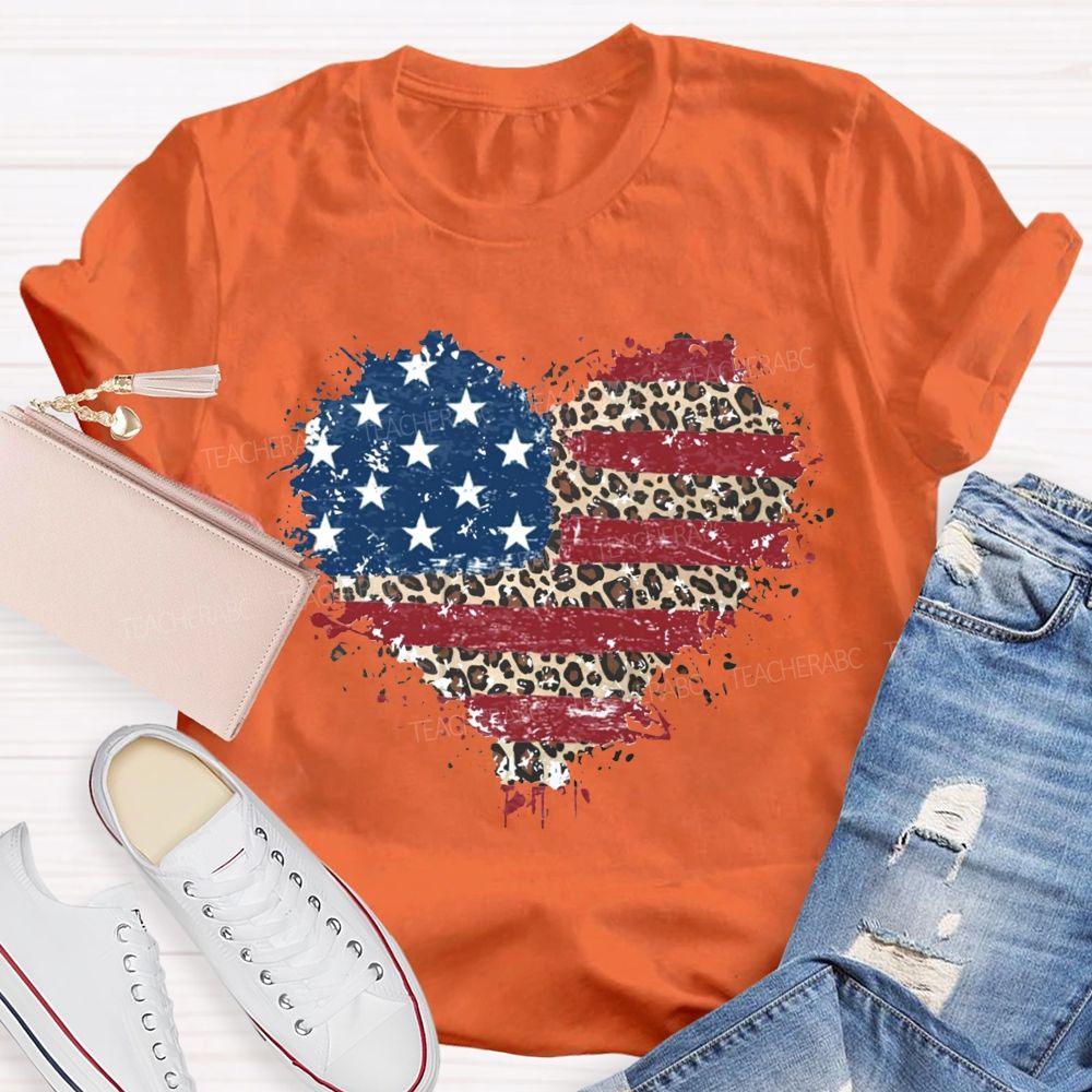 Us Flag Leopard Heart Teacher T-Shirt