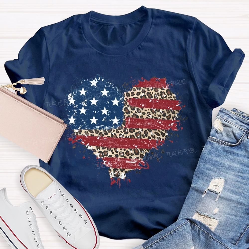 Us Flag Leopard Heart Teacher T-Shirt