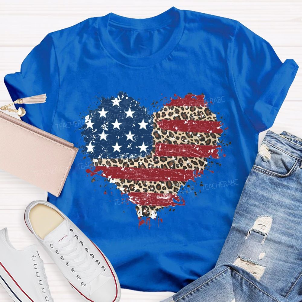 Us Flag Leopard Heart Teacher T-Shirt