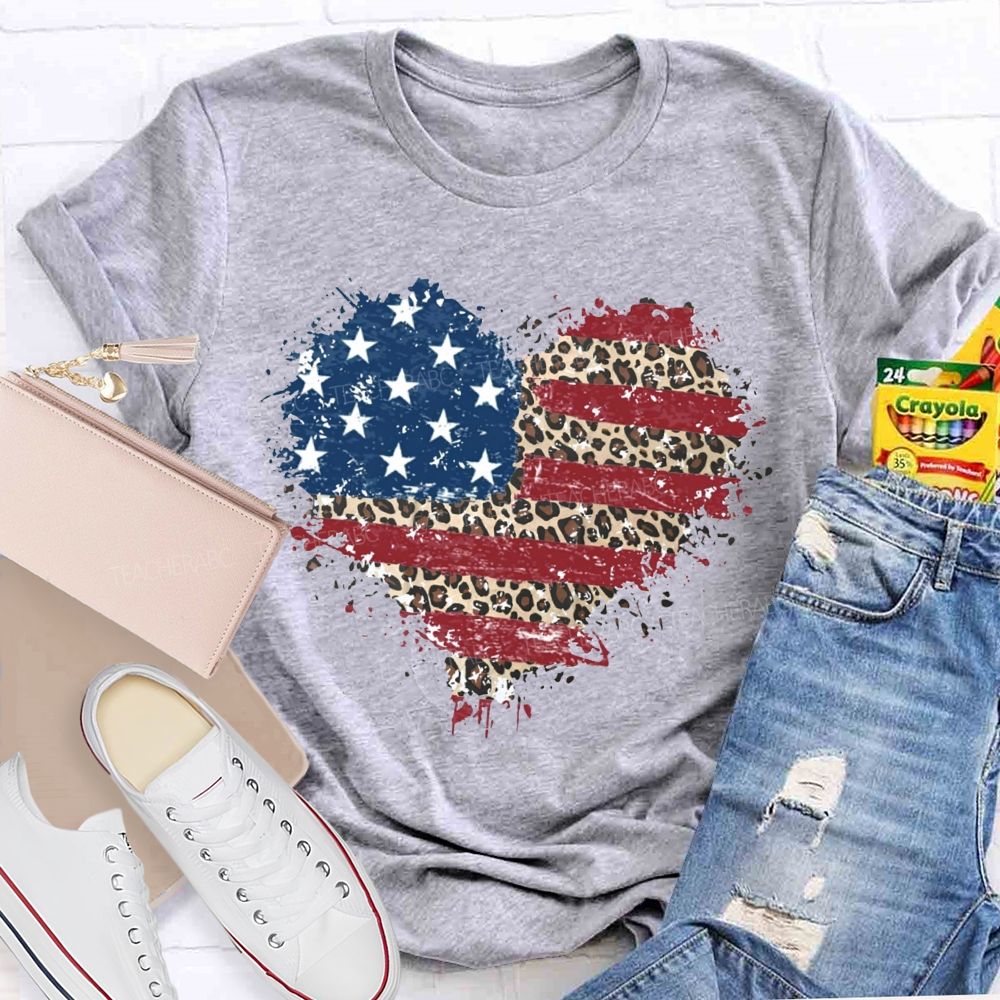 Us Flag Leopard Heart Teacher T-Shirt