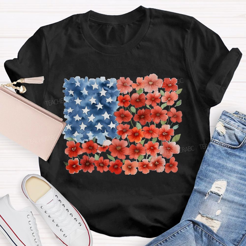 Us Flag Star Flowers Teacher T-Shirt