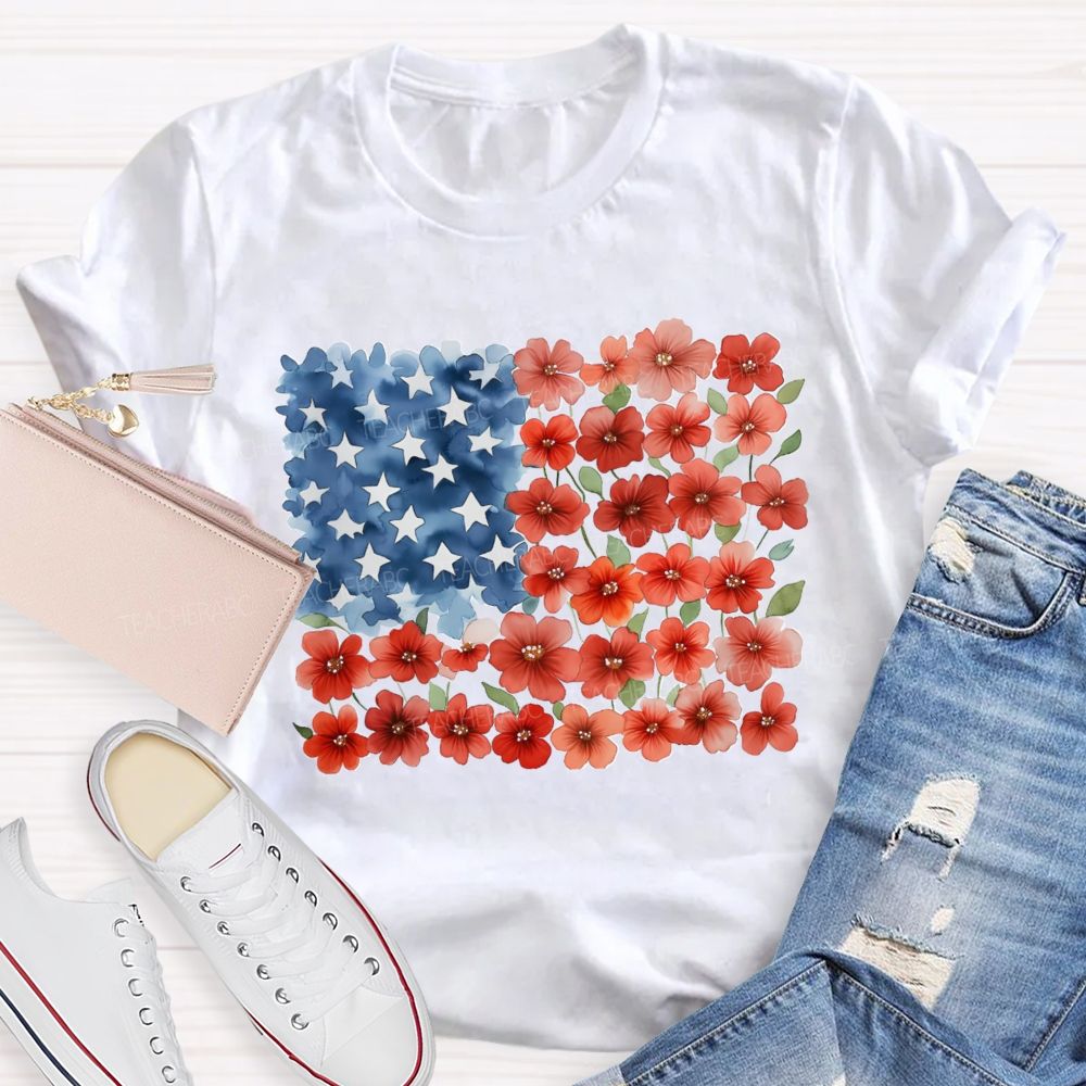 Us Flag Star Flowers Teacher T-Shirt