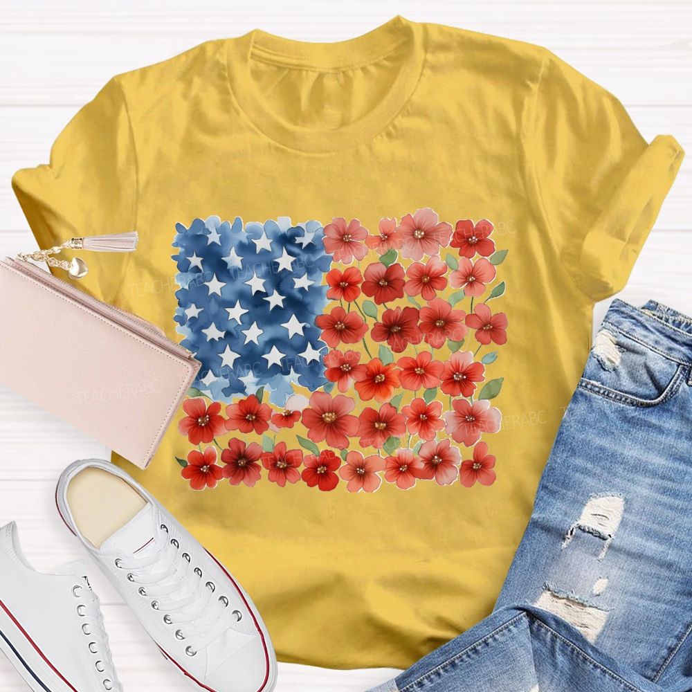 Us Flag Star Flowers Teacher T-Shirt