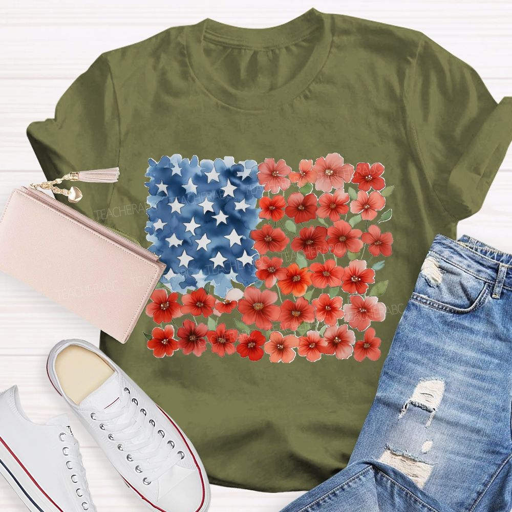 Us Flag Star Flowers Teacher T-Shirt