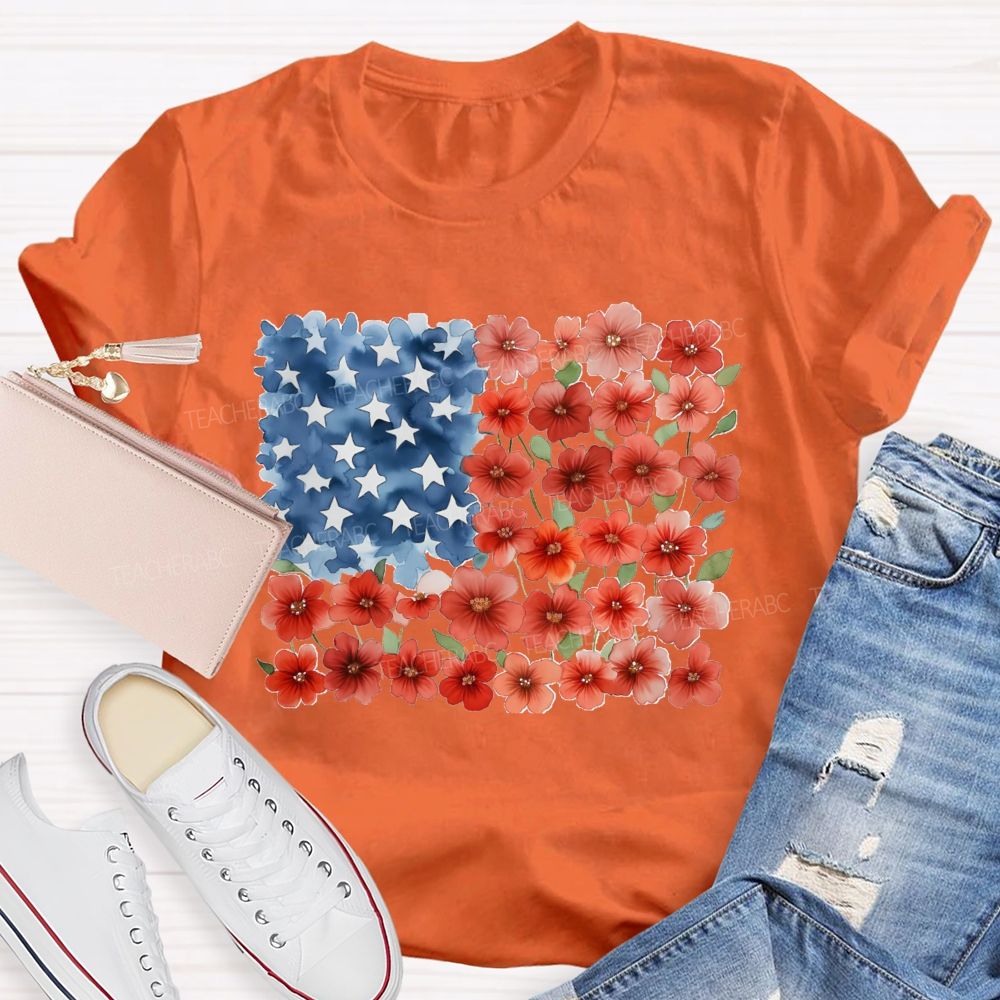 Us Flag Star Flowers Teacher T-Shirt