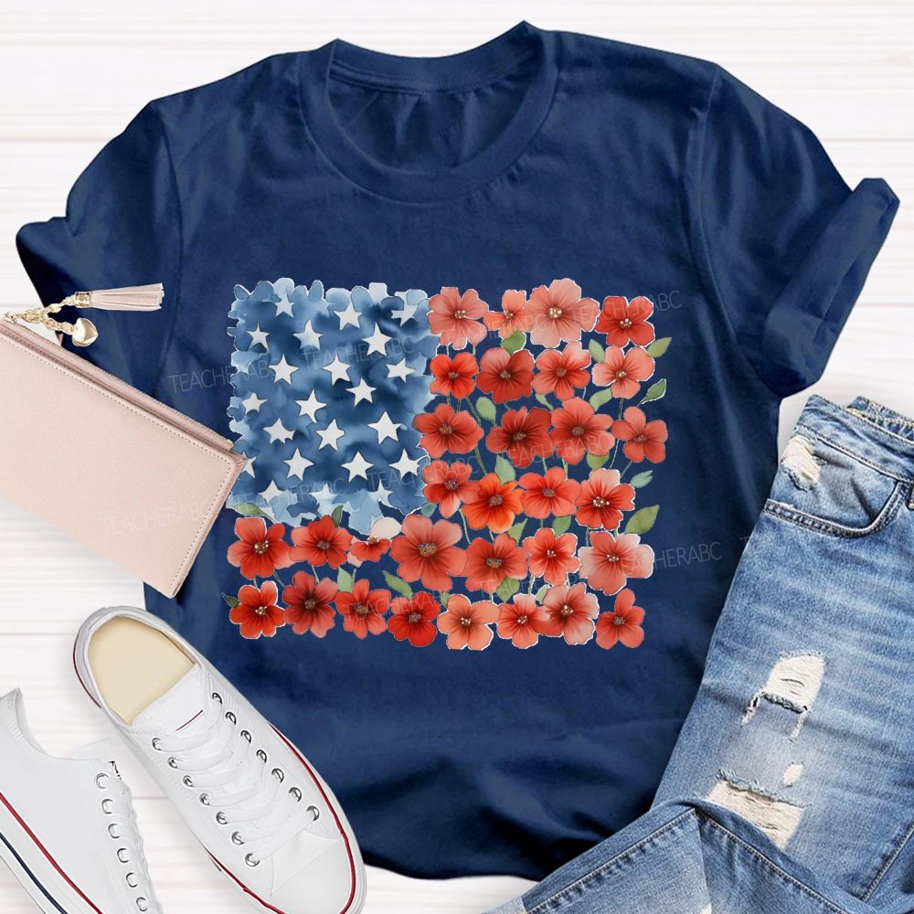 Us Flag Star Flowers Teacher T-Shirt