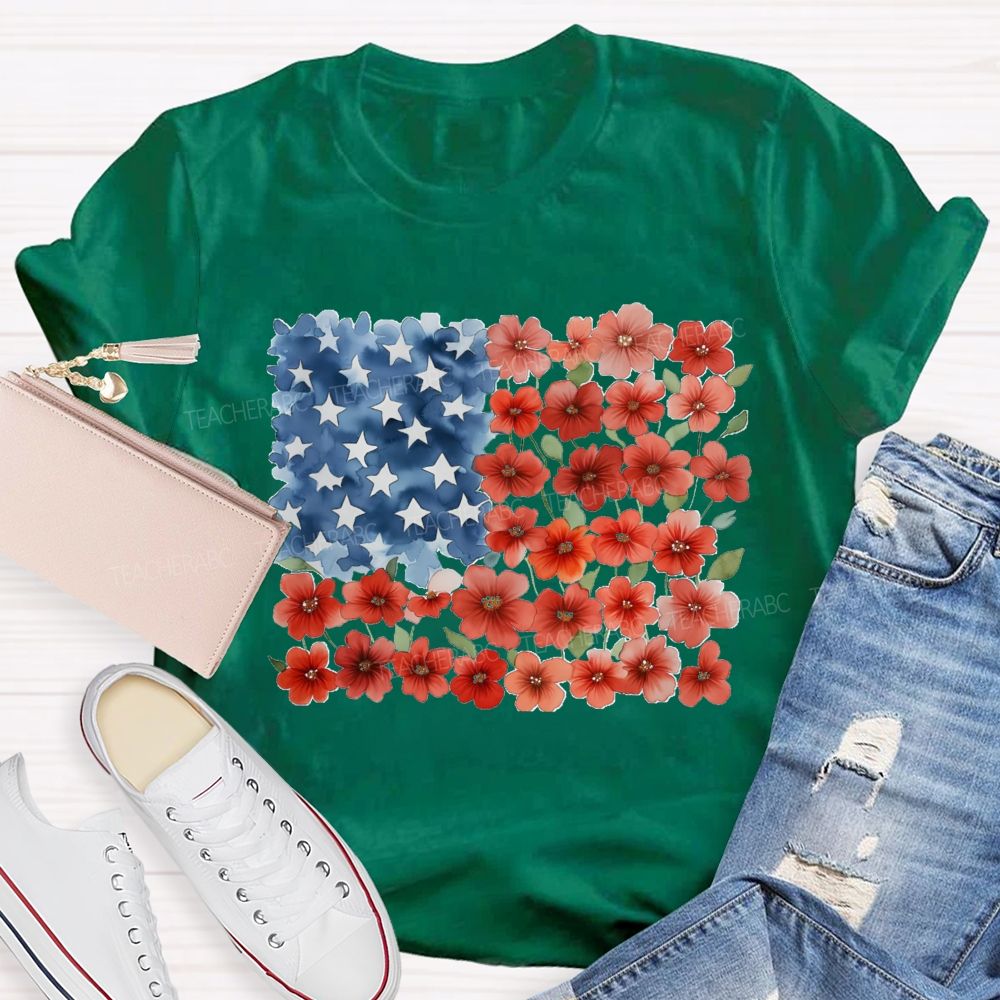Us Flag Star Flowers Teacher T-Shirt