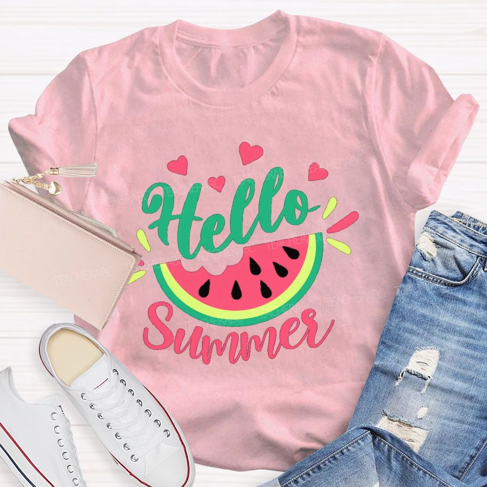 Hello Summer Watermelon Pink Heart Teacher T-Shirt
