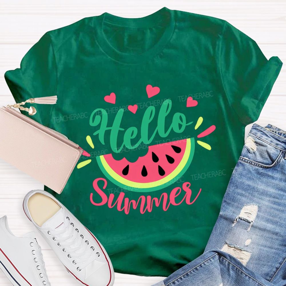 Hello Summer Watermelon Pink Heart Teacher T-Shirt