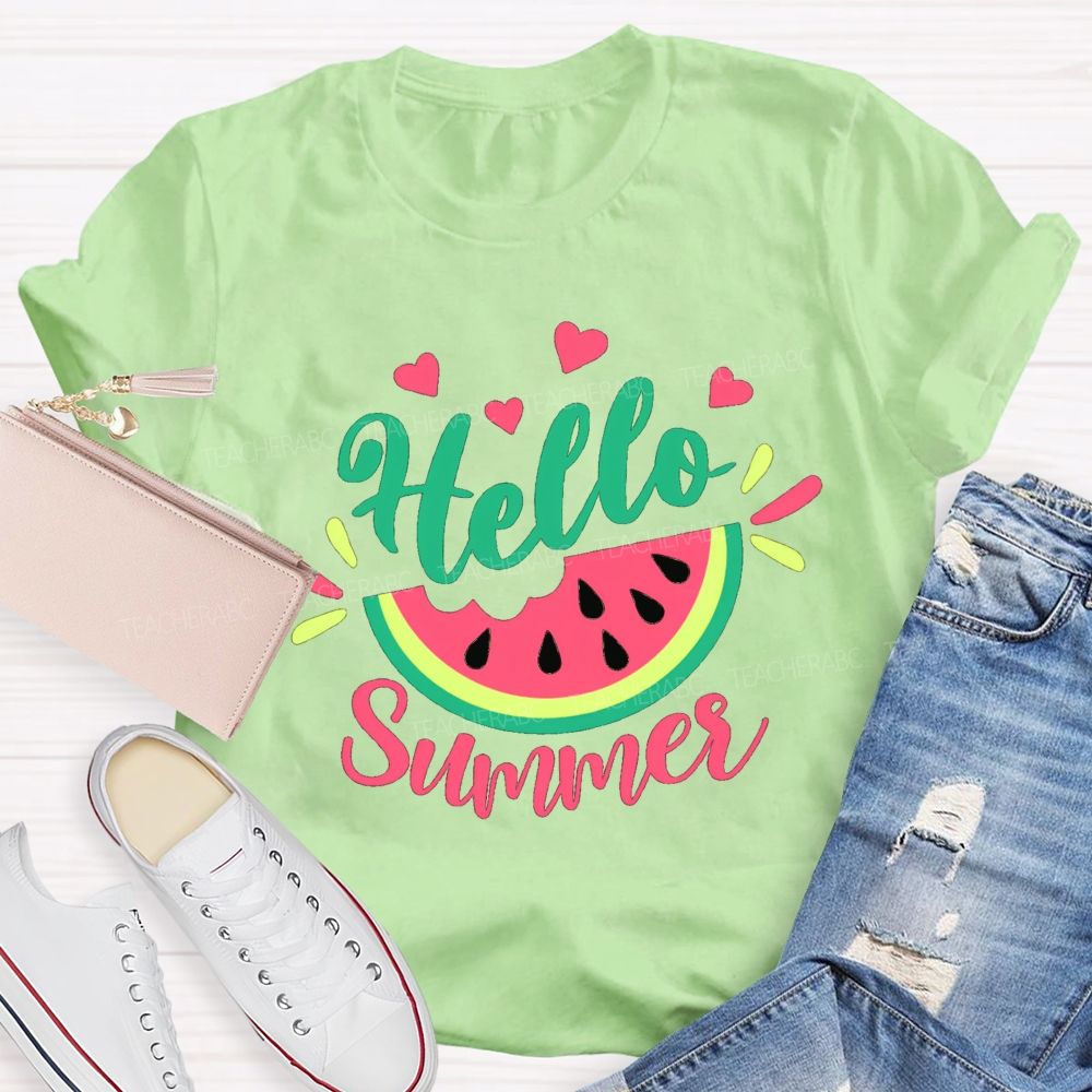 Hello Summer Watermelon Pink Heart Teacher T-Shirt