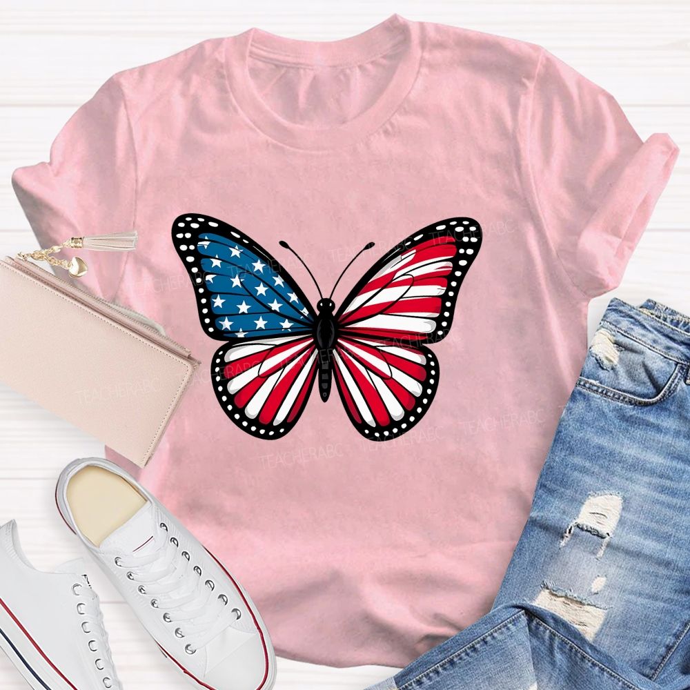 Us Flag Butterfly Teacher T-Shirt