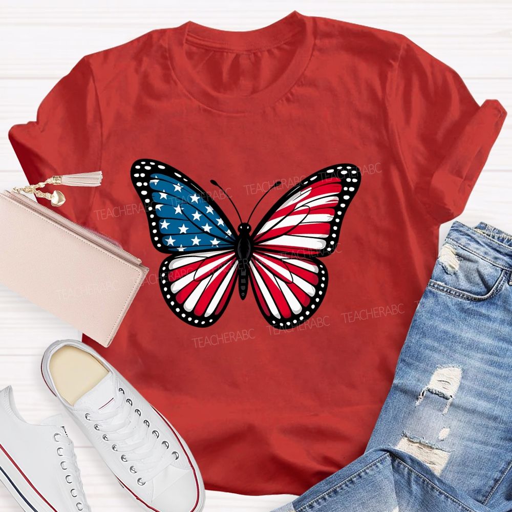 Us Flag Butterfly Teacher T-Shirt