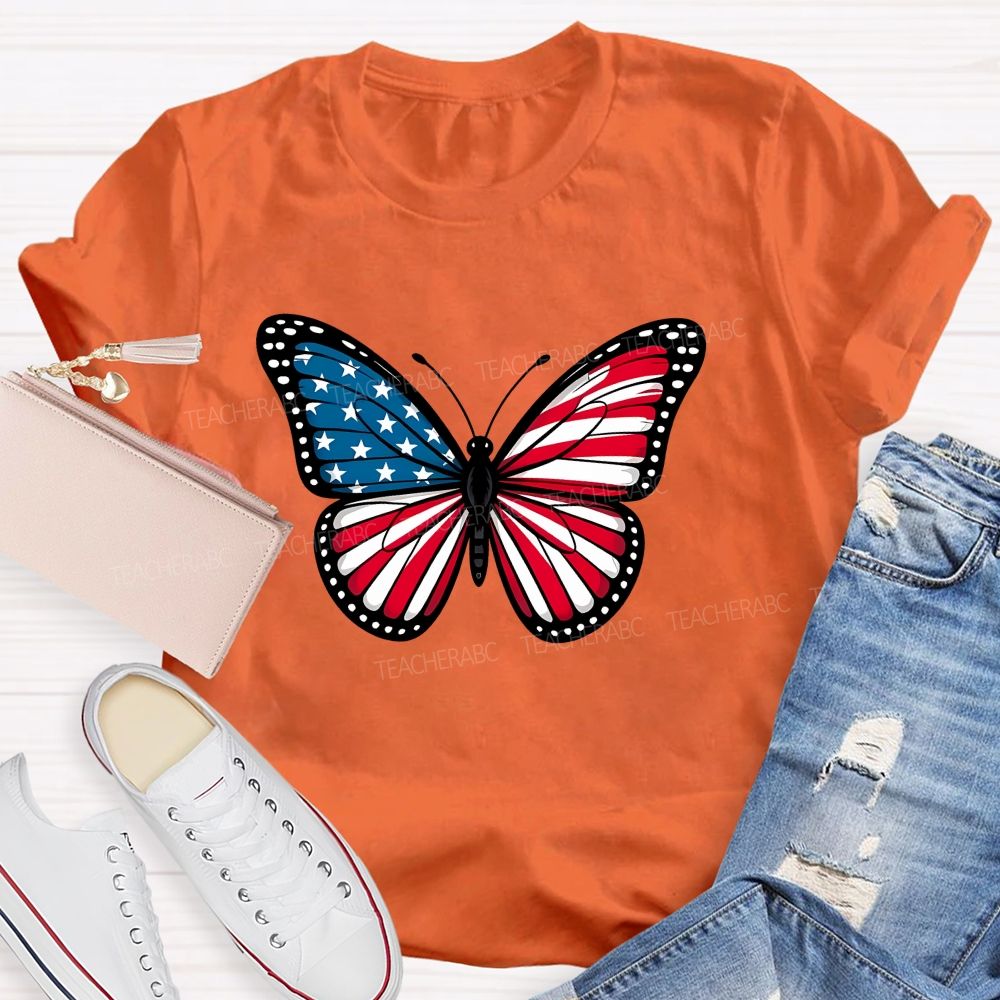 Us Flag Butterfly Teacher T-Shirt