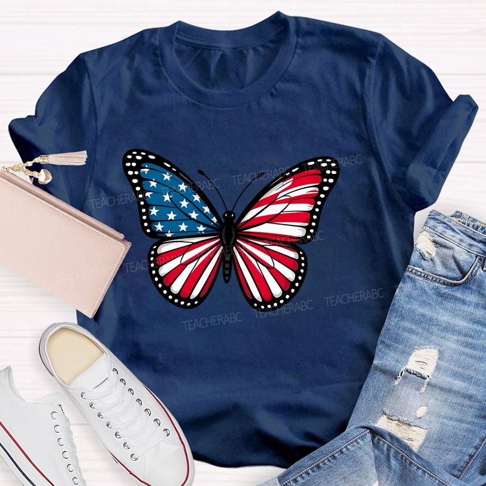 Us Flag Butterfly Teacher T-Shirt