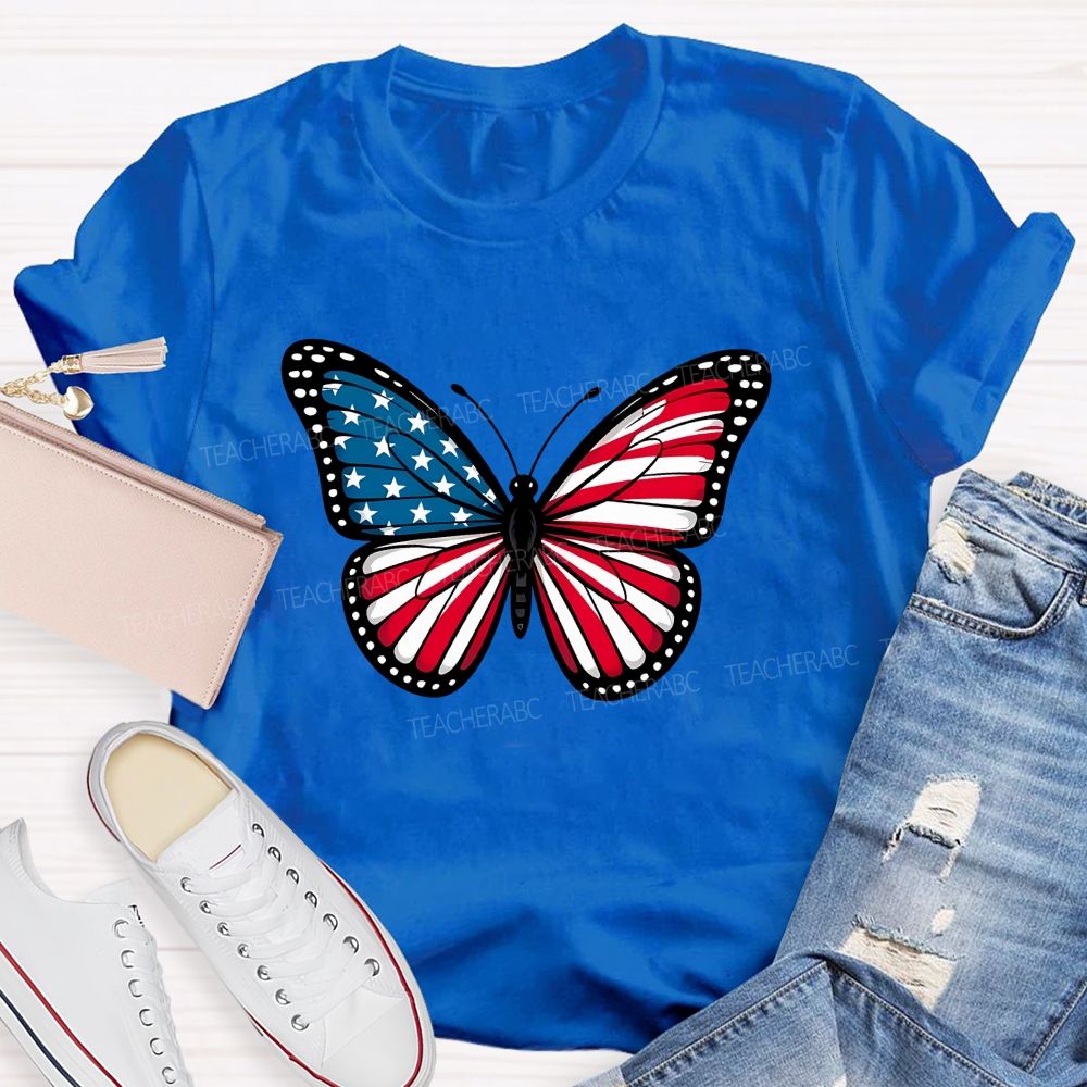 Us Flag Butterfly Teacher T-Shirt