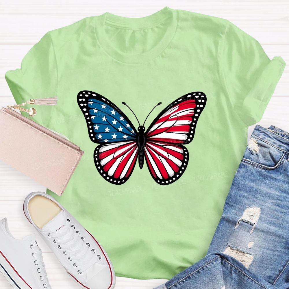 Us Flag Butterfly Teacher T-Shirt