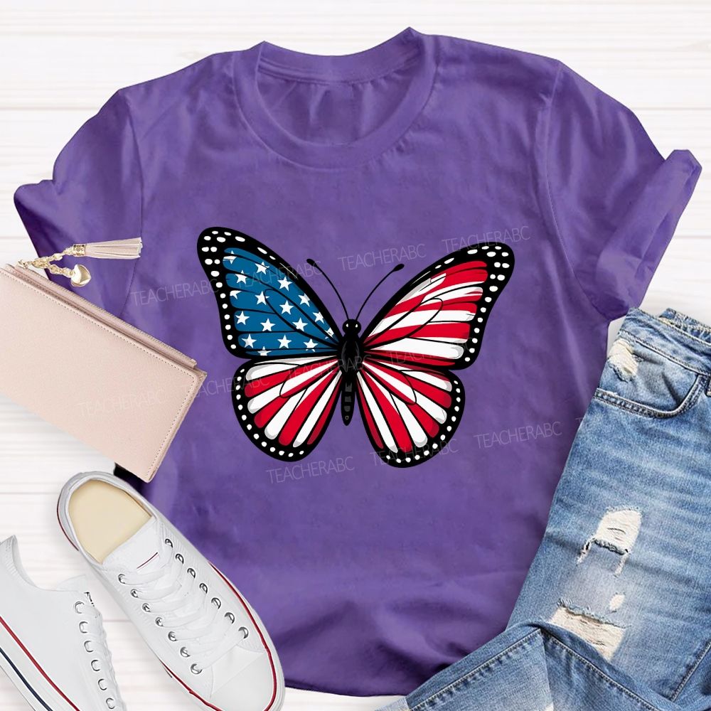 Us Flag Butterfly Teacher T-Shirt