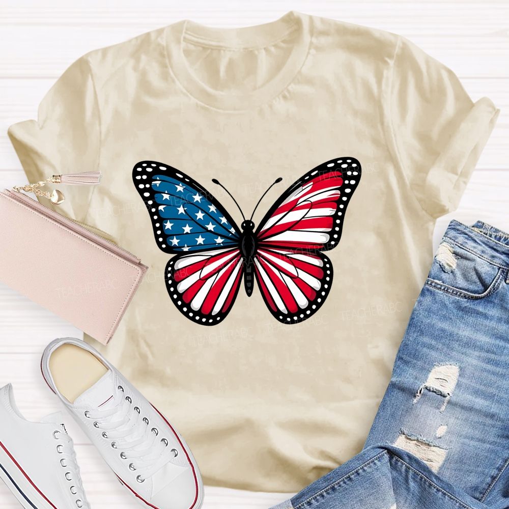 Us Flag Butterfly Teacher T-Shirt
