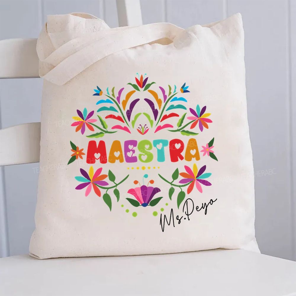 Personalized Name Maestra Heart-Shaped Font And Flowers Canvas Tote Bag
