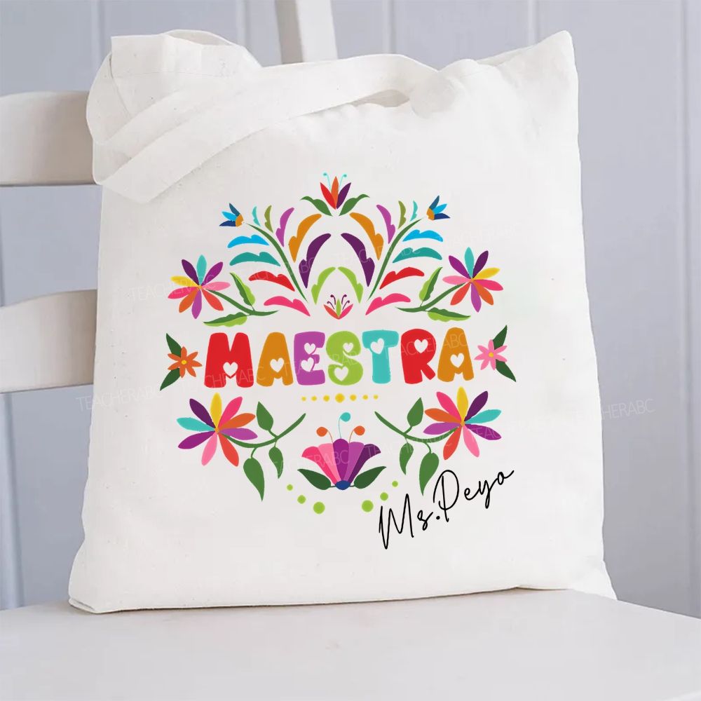Personalized Name Maestra Heart-Shaped Font And Flowers Canvas Tote Bag