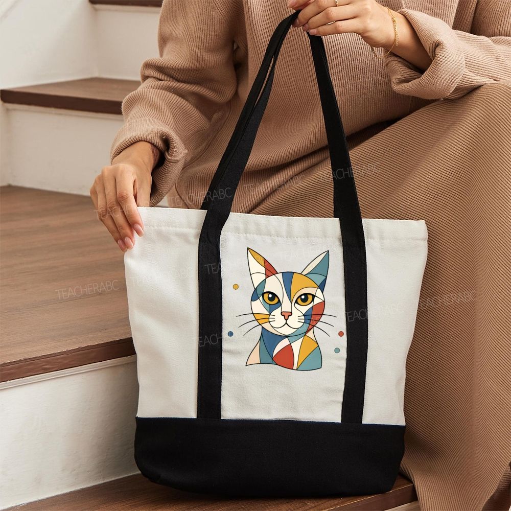 Abstract Cat Art Color-blocked Canvas Bag