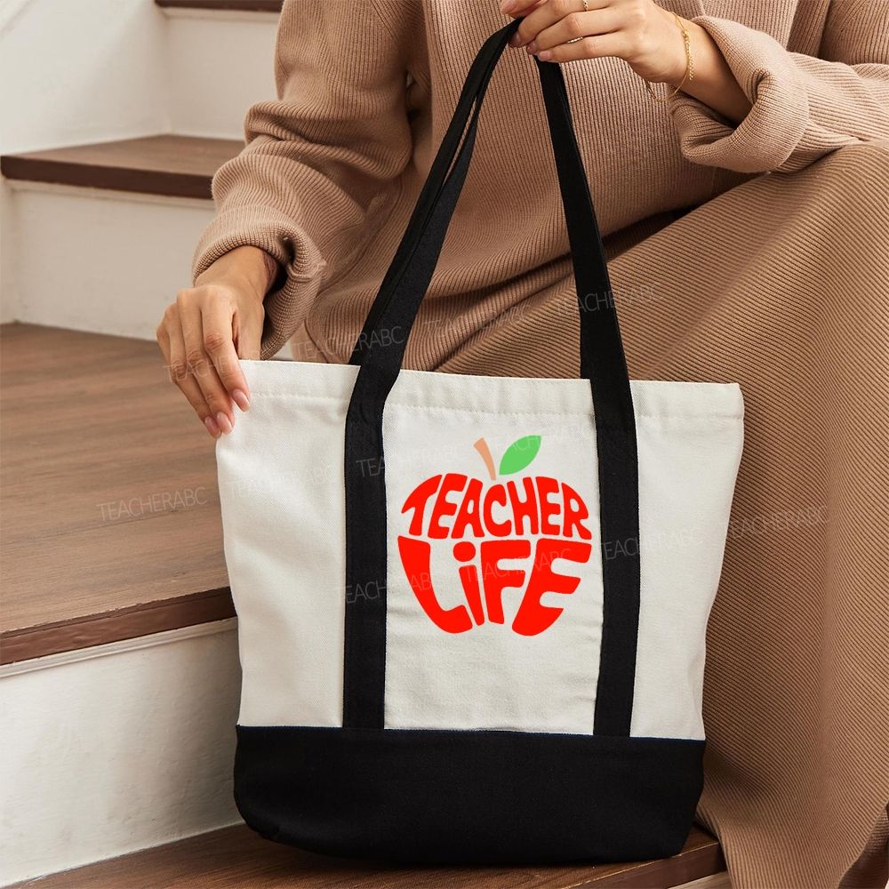 Teacher Life Apple Color-blocked Canvas Bag