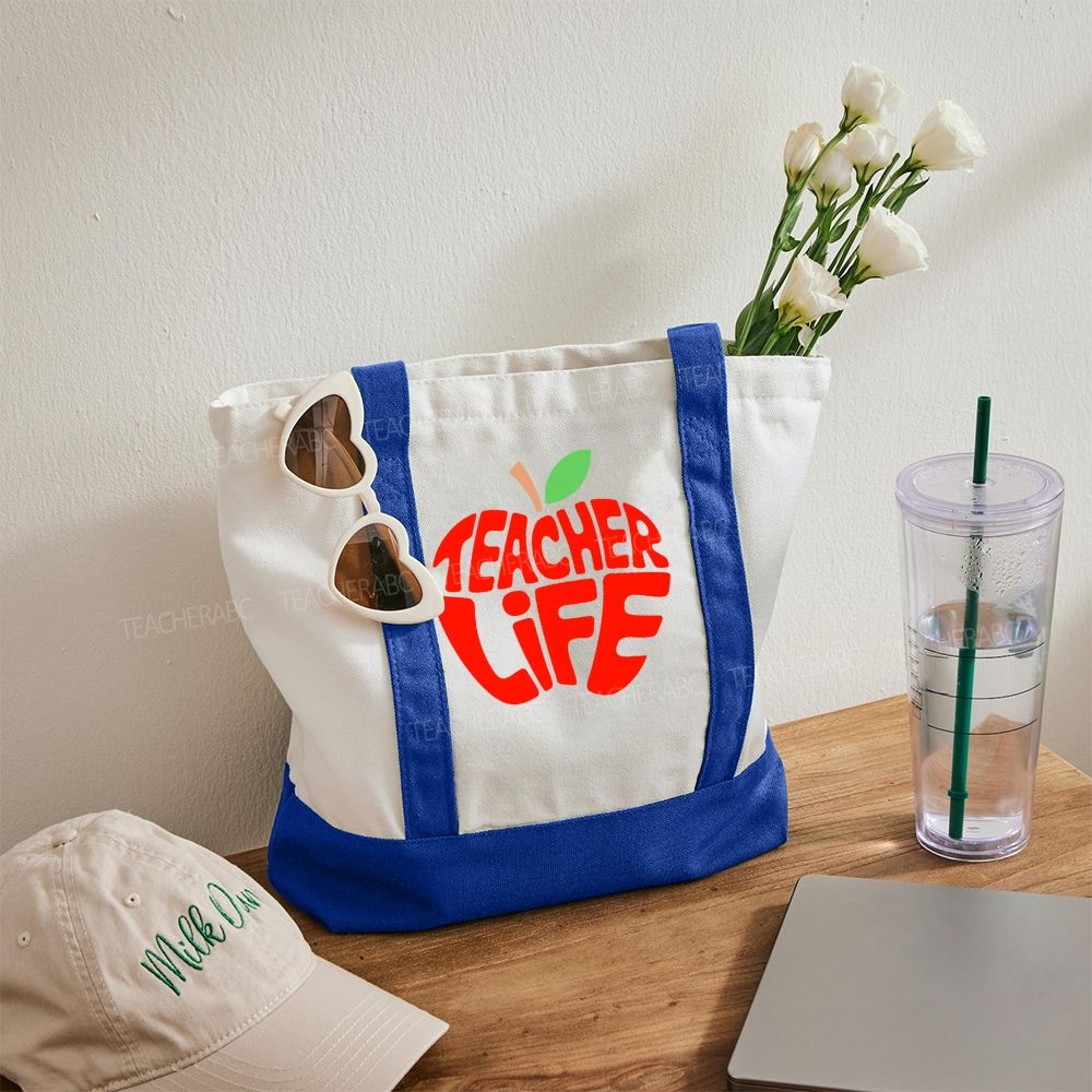Teacher Life Apple Color-blocked Canvas Bag
