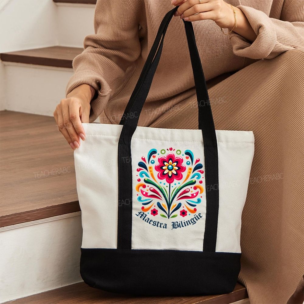 Maestra Bilingüe Graphics Flowers Color-blocked Canvas Bag