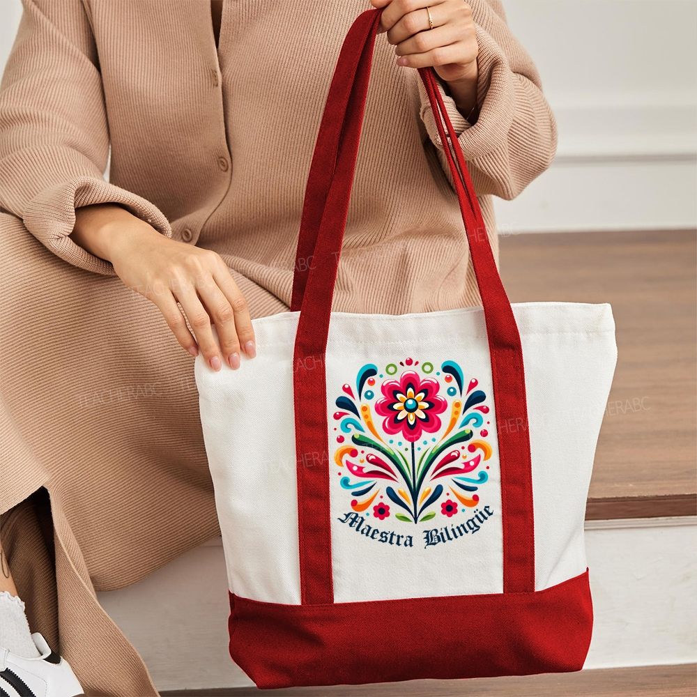 Maestra Bilingüe Graphics Flowers Color-blocked Canvas Bag