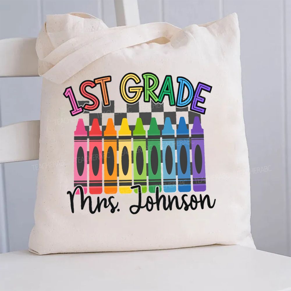 Personalized Name And Grade Colored Crayons Canvas Tote Bag