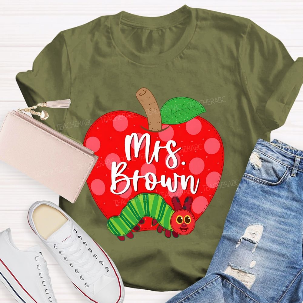 Personalized Name Apple Caterpillar Graphics Teacher T-shirt