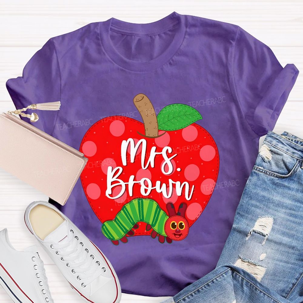 Personalized Name Apple Caterpillar Graphics Teacher T-shirt