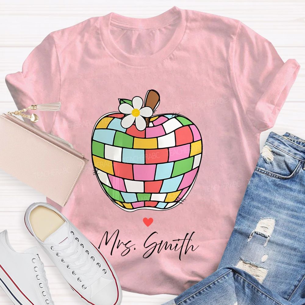 Personalized Name Colorful Plaid Apple Pattern Teacher T-shirt