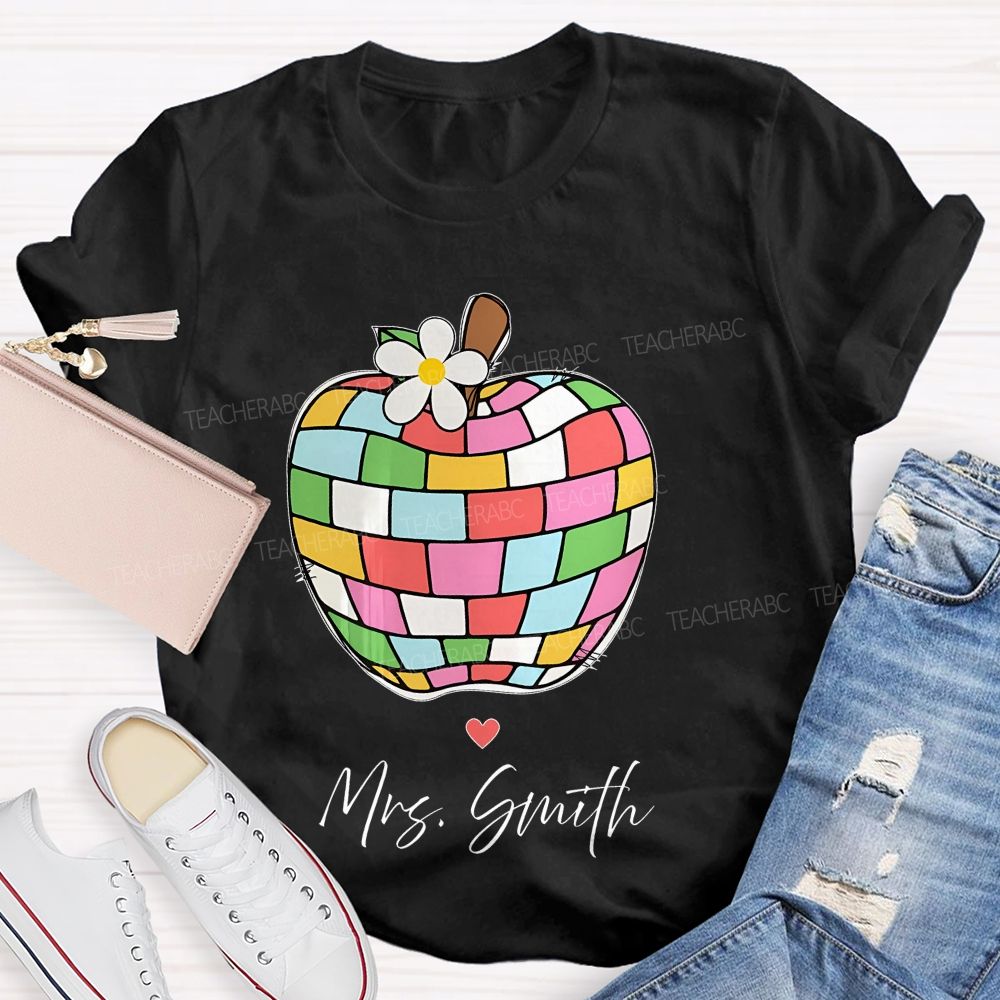 Personalized Name Colorful Plaid Apple Pattern Teacher T-shirt