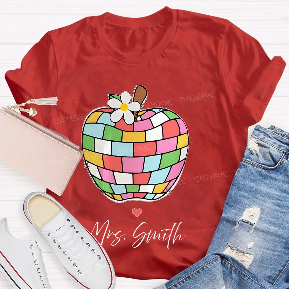 Personalized Name Colorful Plaid Apple Pattern Teacher T-shirt