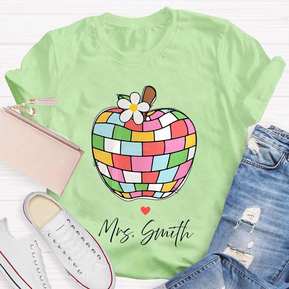 Personalized Name Colorful Plaid Apple Pattern Teacher T-shirt