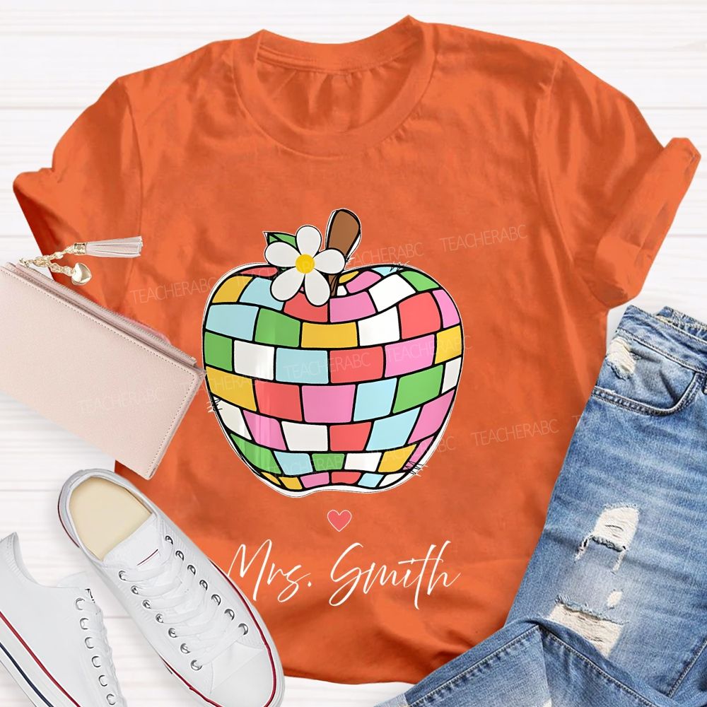Personalized Name Colorful Plaid Apple Pattern Teacher T-shirt