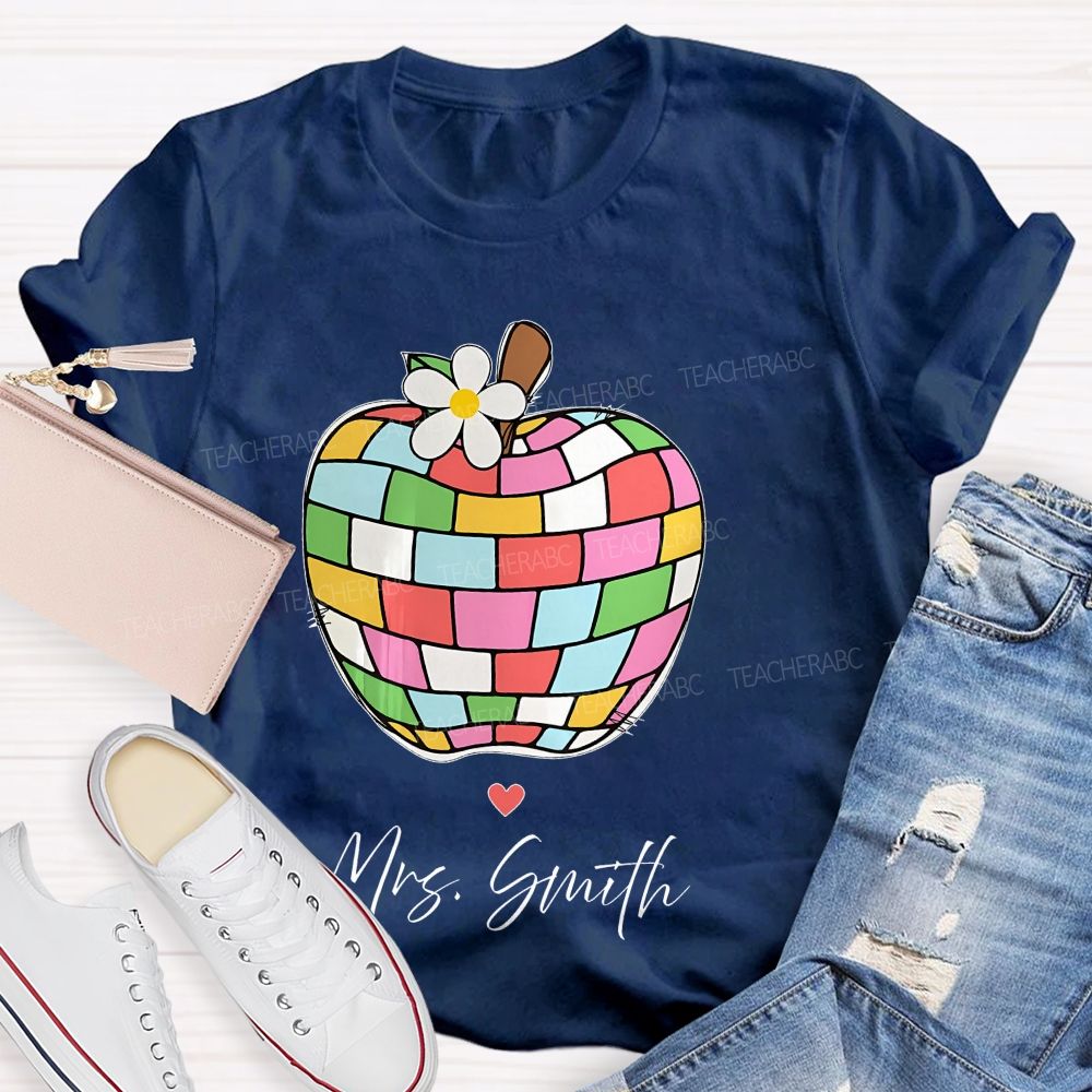 Personalized Name Colorful Plaid Apple Pattern Teacher T-shirt