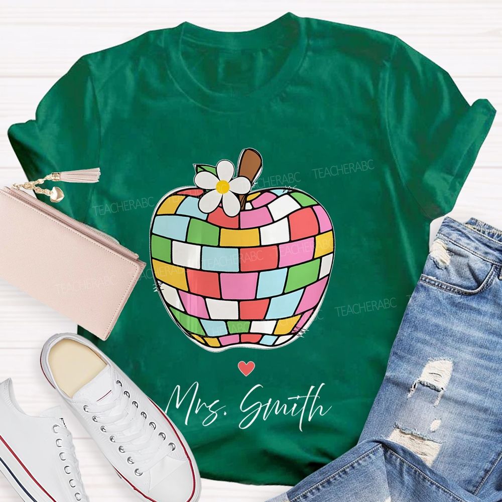 Personalized Name Colorful Plaid Apple Pattern Teacher T-shirt