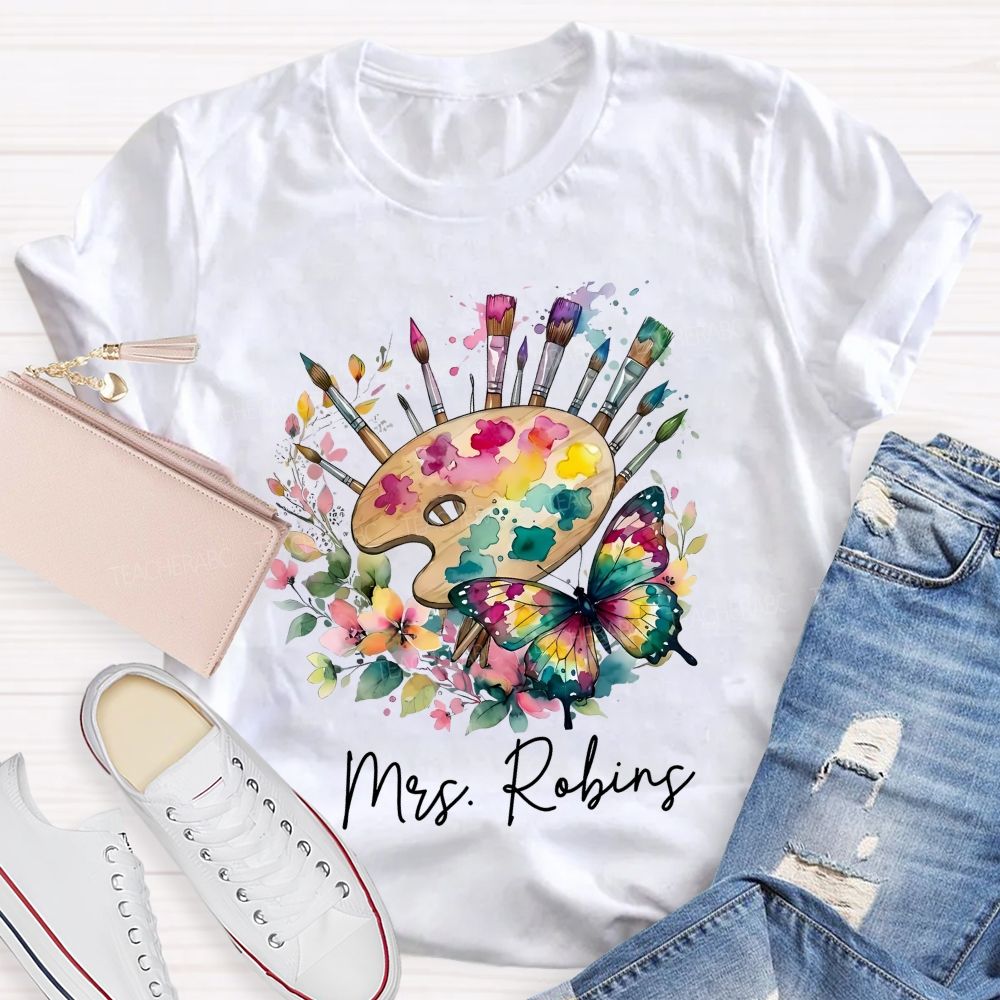 Personalized Name Watercolor Butterfly Art Teacher T-shirt