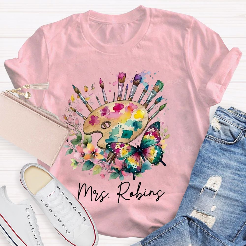 Personalized Name Watercolor Butterfly Art Teacher T-shirt