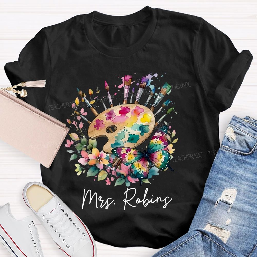 Personalized Name Watercolor Butterfly Art Teacher T-shirt