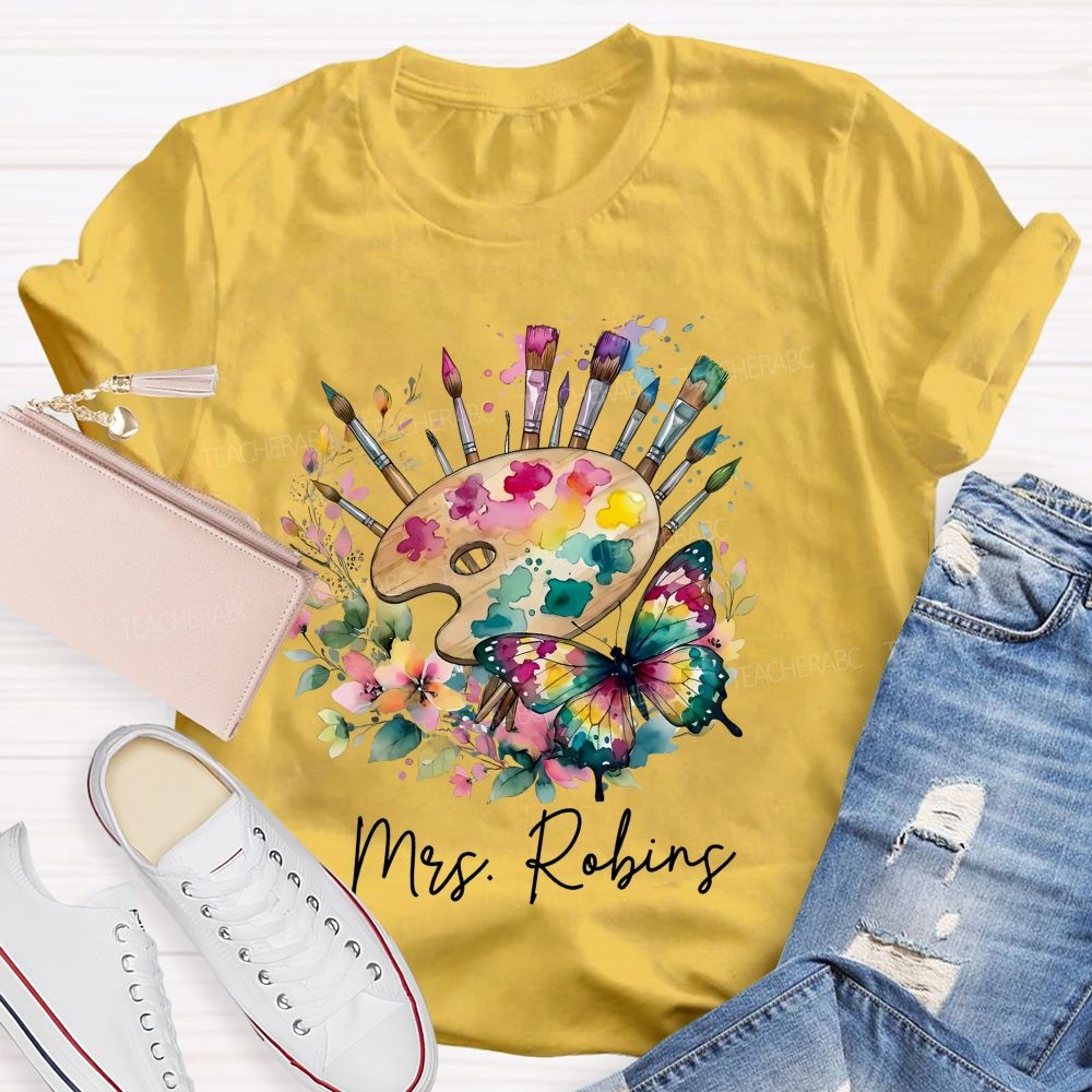 Personalized Name Watercolor Butterfly Art Teacher T-shirt
