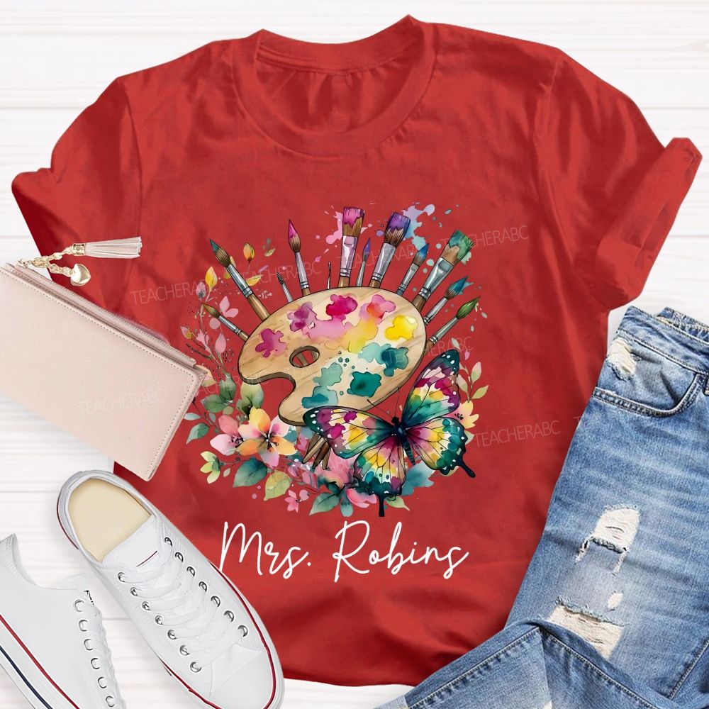Personalized Name Watercolor Butterfly Art Teacher T-shirt