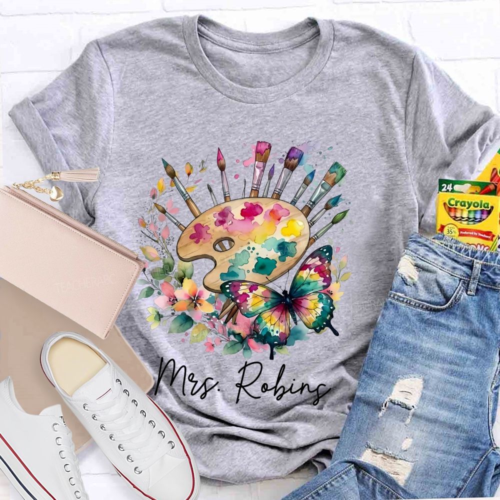 Personalized Name Watercolor Butterfly Art Teacher T-shirt