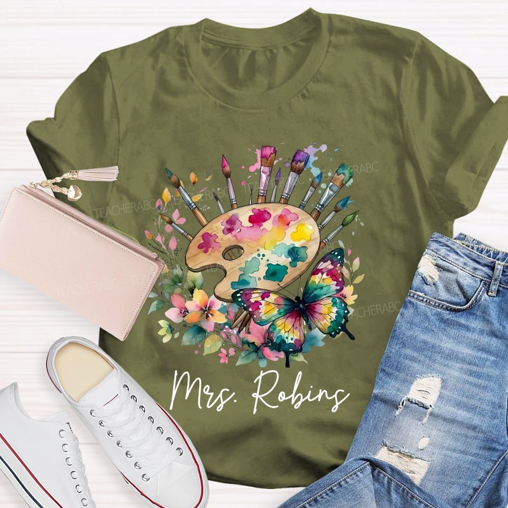 Personalized Name Watercolor Butterfly Art Teacher T-shirt