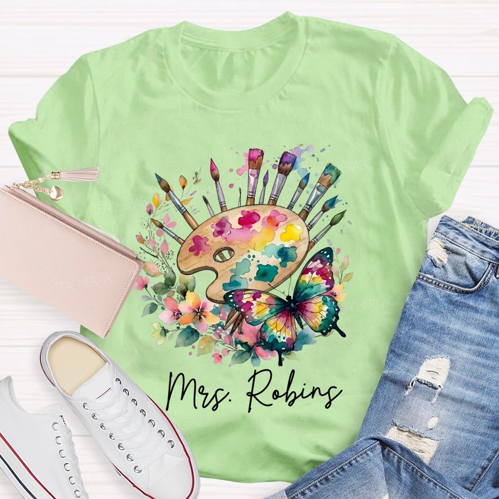 Personalized Name Watercolor Butterfly Art Teacher T-shirt