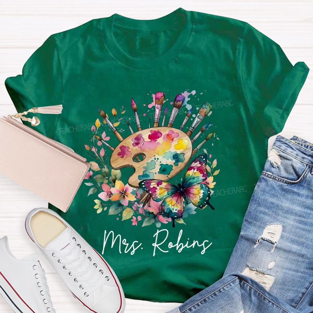 Personalized Name Watercolor Butterfly Art Teacher T-shirt